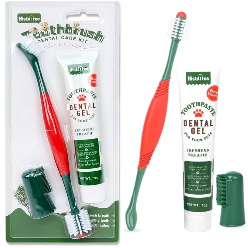 Dog Toothbrush Toothpaste Kit Beef Dog Toothpaste 360° Double-Head Toothbrush Tooth Brushing Pet Dental Care Kit for Dogs Cats