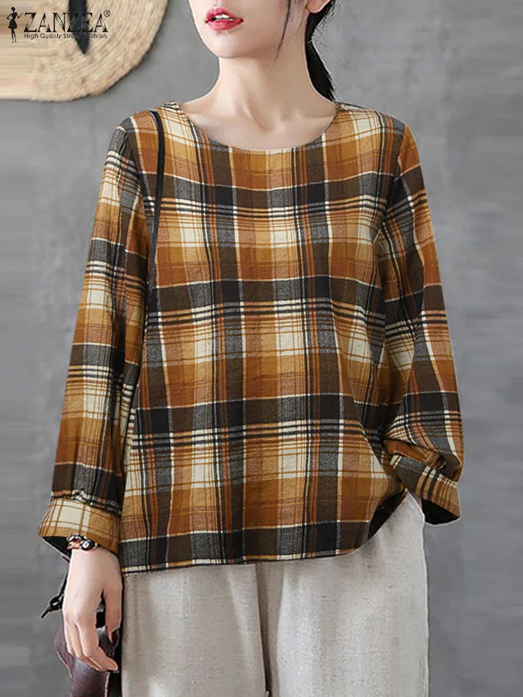 ZANZEA Women Spring Vintage Plaid Checked Blouse Casual O Neck Long Sleeve Tops Fashion Loose Holiday Blusas Retro Work Shirt