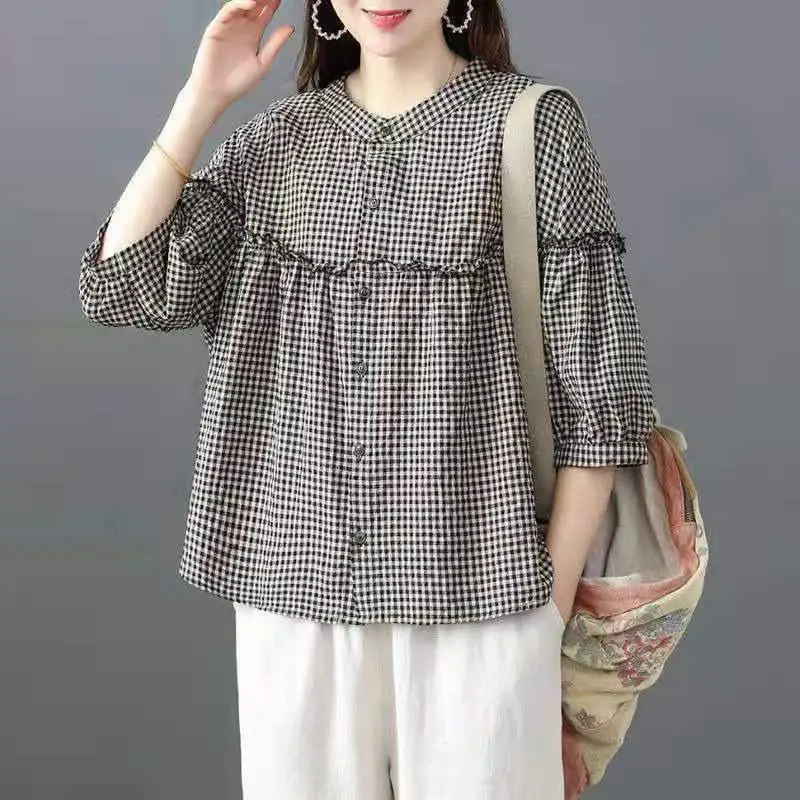 النمط الياباني القطن والكتان منقوشة قميص المرأة الصيف جديد خمسة بوصة كم الإناث بلوزة أزياء المرأة قمم