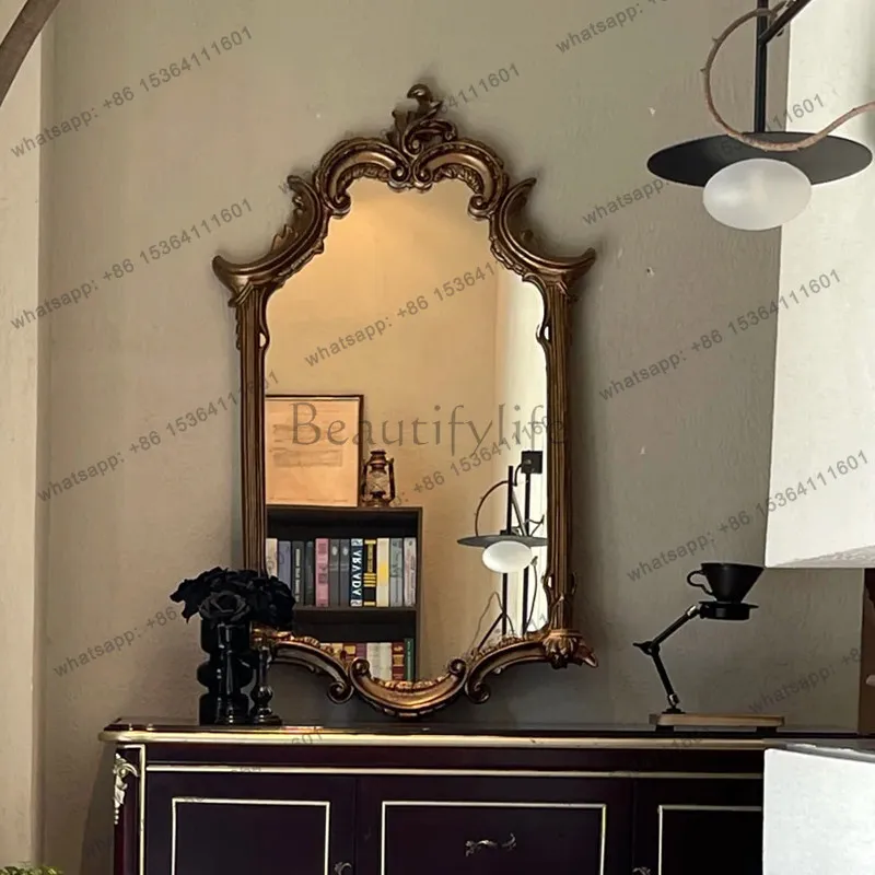 

French retro carved bathroom vanity mirror wall hanging living room background wall fireplace decorative mirror