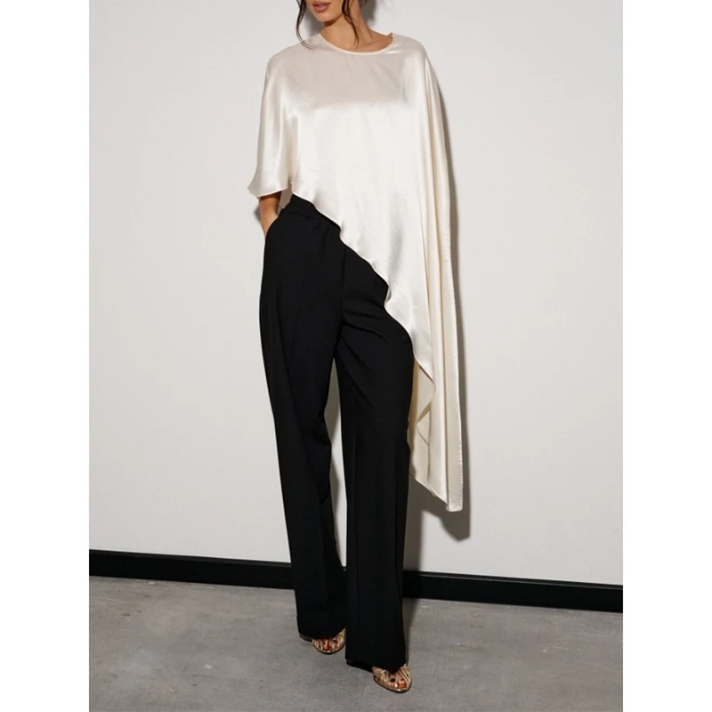 Women Asymmetrical Hem Poncho Shawl Wraps Satin Silky Round Neck Dressy Cape Top Flowy Loose Fit Y2k Cover Up Blouses
