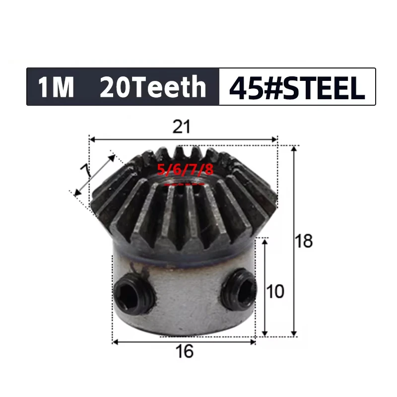 2pcs  Bevel Gear 1M 20Teeth 45# Steel Inner Hole 5/6/7/8/6.35/9/10/12mm Gear 90 Degrees  Meshing Angle Steel Gears Screw Hole M5