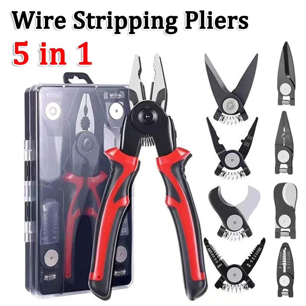 5 in 1 Wire Stripping Pliers Replaceable Cable Wire Stripper Cutter Portable Multifunctional Pliers Non-Slip Handle Hand Tools