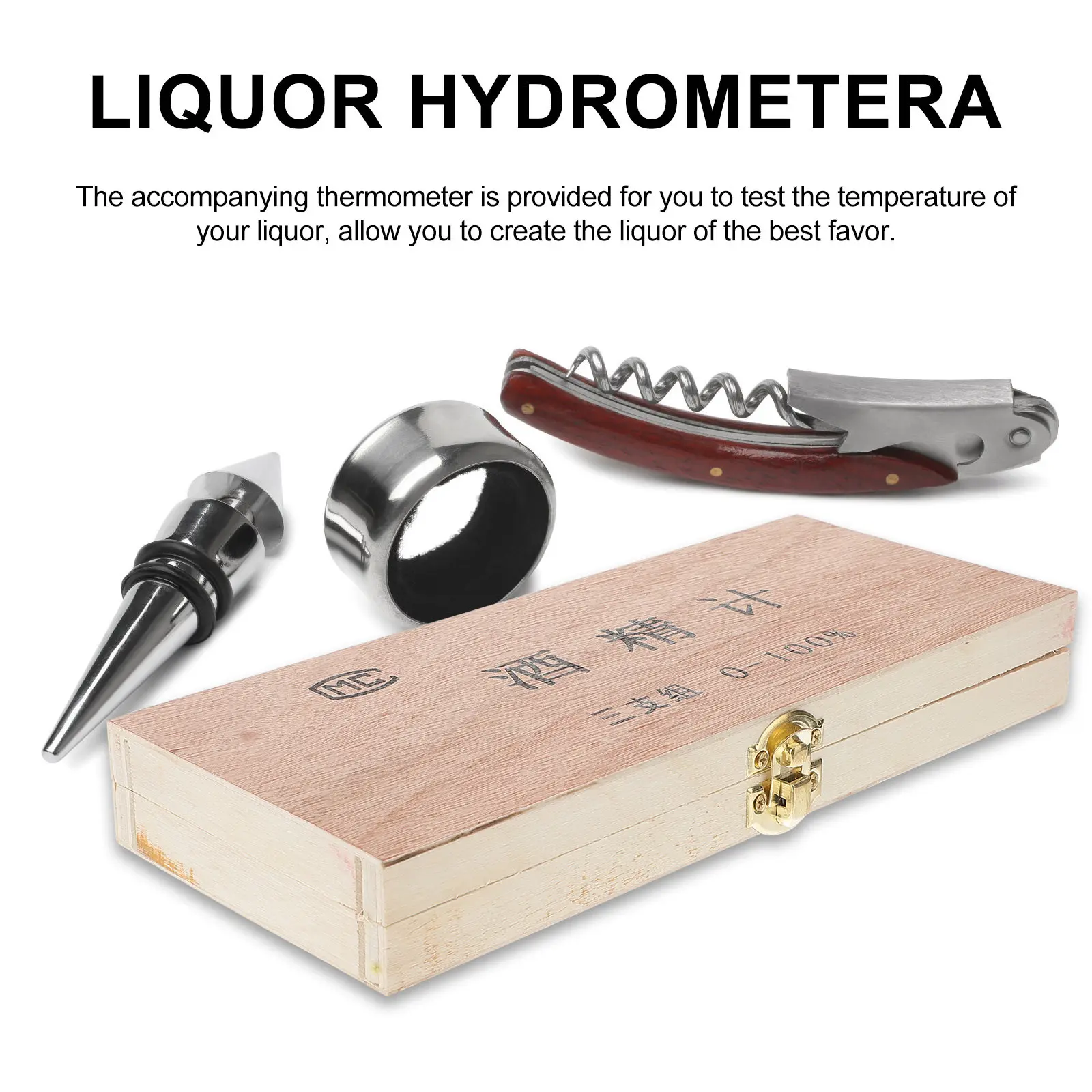 4Pcs Alcohol Meter Hydrometer Set Professional Liquor Tester Thermometer Wood Box Distilled Alcohol Whiskey Liquor Hydrometer