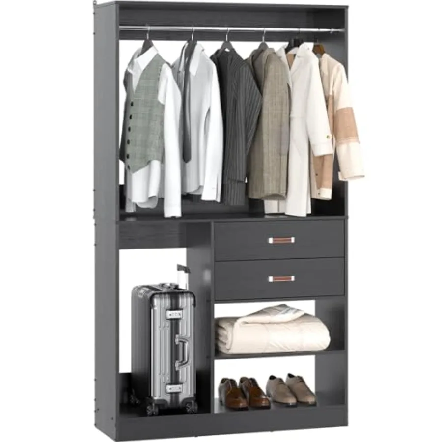 Freestanding Closet System with Suitcase Storage 40 Inches Stand-alone Wardrobe with 2 Wood Drawers 80'' Height Adjustable Clot