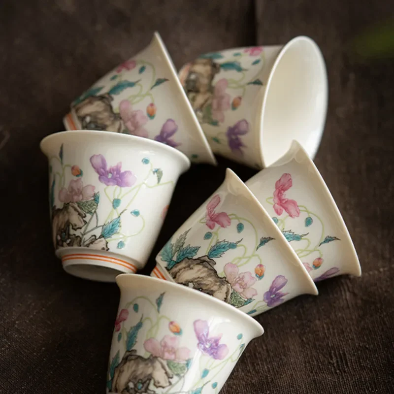 1 Pc Chinese Retro Handmade Ceramic Teacup Travel Meditation Cup Hand Painted Flower Porcelain Tea Bowl Master Cup Tea Set