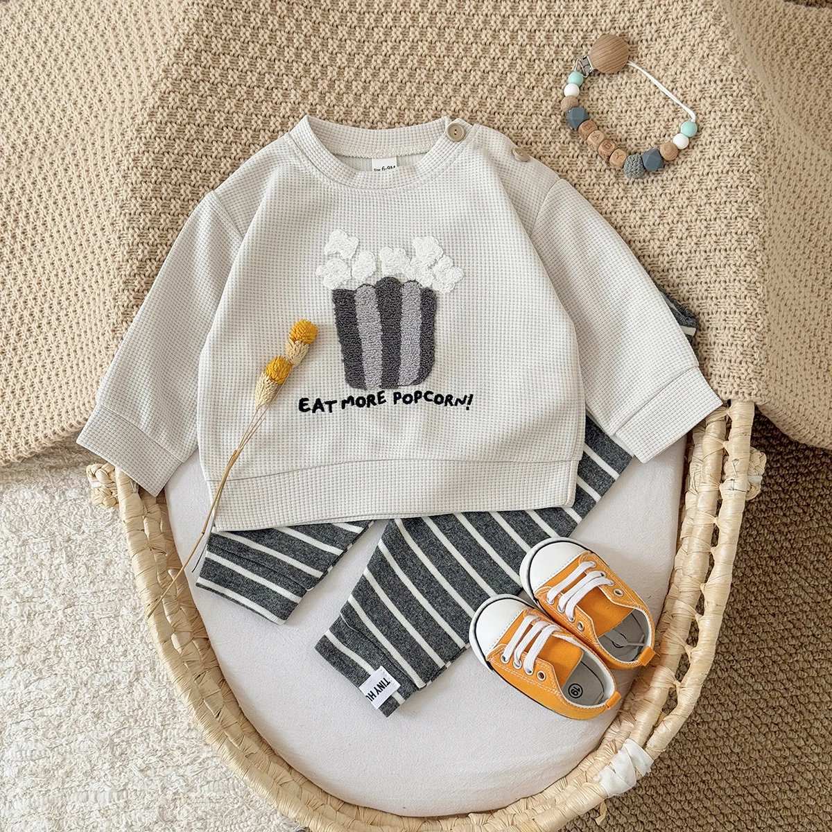 

2Pcs/set Autumn New Baby Clothing Long Sleeves Popcorn Towel Embroidery Top+Striped Pants Comfortable Infant Suits Newborn
