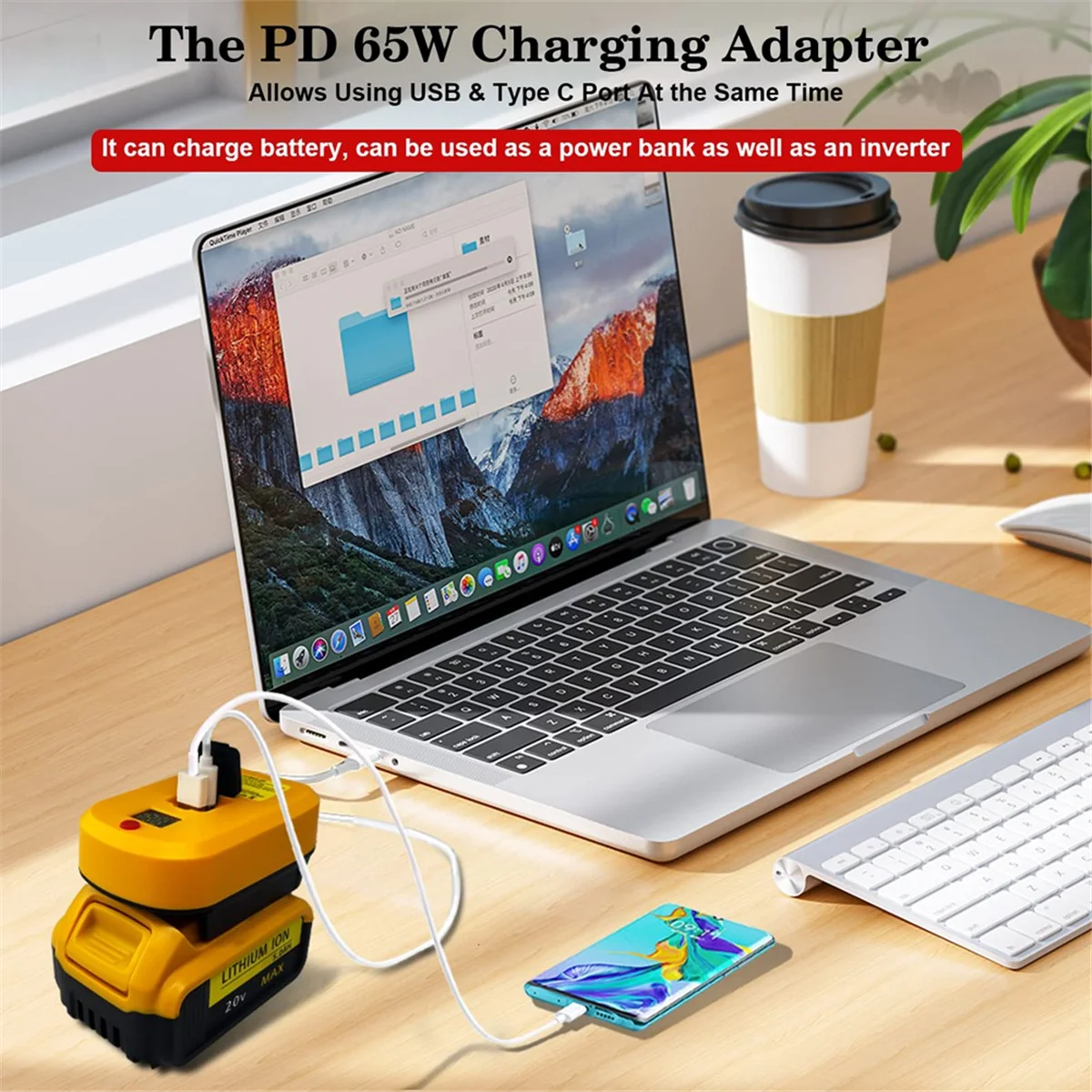 USB C Charger for DeWalt 20V Battery,2 Ports with USB-C Und USB-A,65W Fast Charger PD 3.0 Power Adapter USB Power Supply