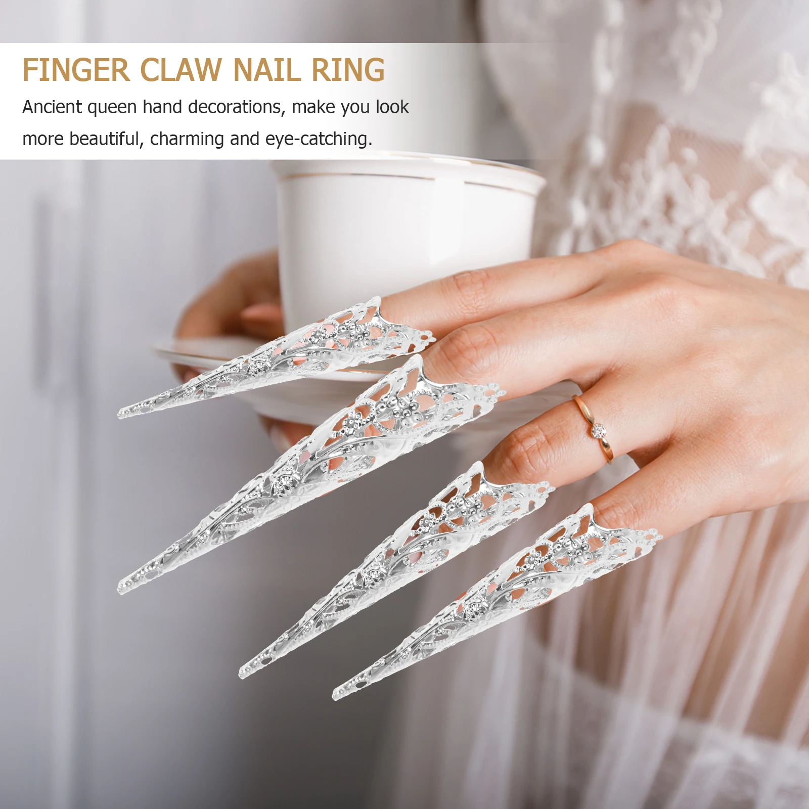 8Pcs Women Nail Ring Finger Claw Set Stylish Fingernail Tips for Halloween Cosplay Party Performance Queen Ancient Hand