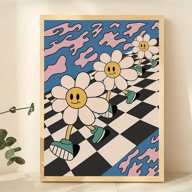 

Minimalist Smiling Flower Daisy Canvas Poster, Chessboard Background Wall Art, Modern Living Room, Home Room Decoration