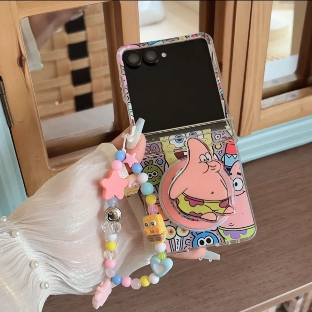 SpongeBob SquarePants Cute Magnetic Holder Magsafe Wireless Charge Phone Case For Samsung Galaxy Z Flip 8 7 6 5 Hard TPU Cover