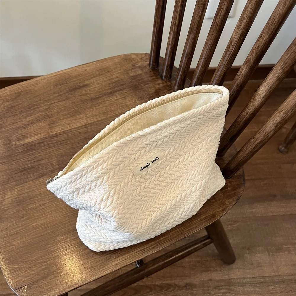 Portable Large Capacity Makeup Bag Woven Fabric Solid Color Clutches Bag Beige Coffee Storage Bag Outdoor