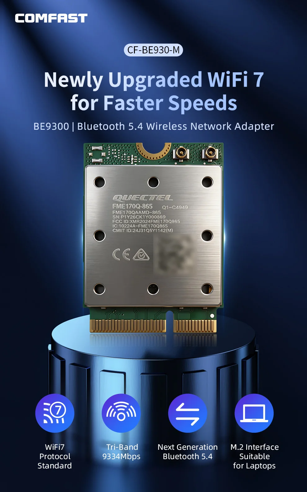 COMFAST BE9334 WiFi7 Adapter Gigabit Card Bluetooth 5.4 Tri-Band 2.4G/5G/6GHz M.2 NGFF Wireless Network Adapter for Windows 11
