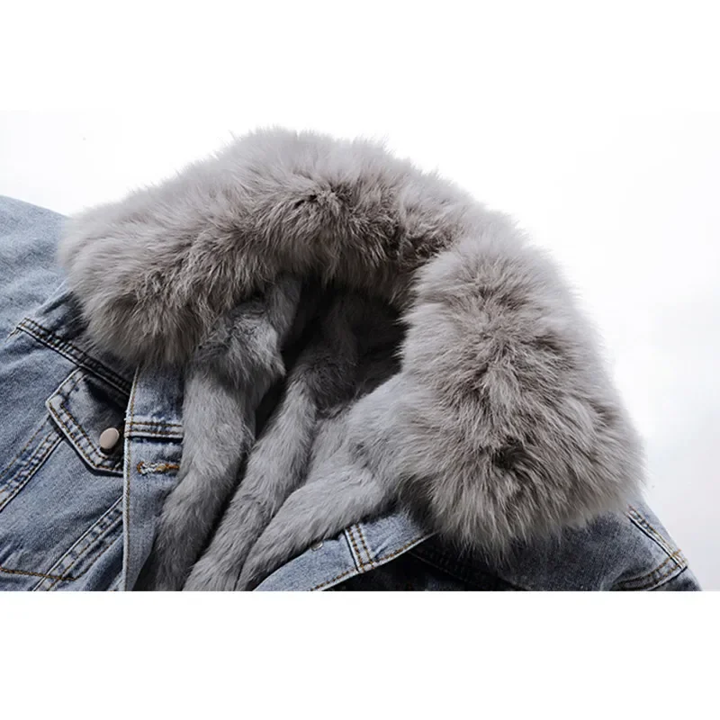

Winter Warm Denim Jacket Women Fox Fur Collar + Removable Rabbit Fur Liner Jeans Jacket Coat Loose Outwear Female Chaqueta Mujer