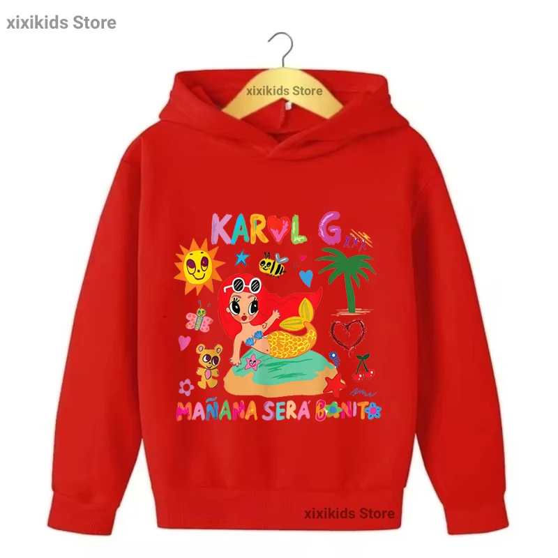 Funny Kids Clothes Karol G Manana Sera Graphic Printed Cap Hoodies Girls Spring/Autumn/ Winter Plus Velvet Sweastshirt Tops