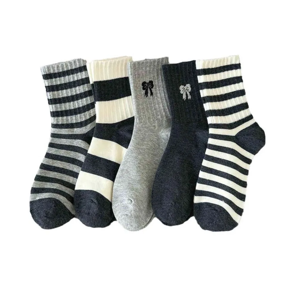 

10Pairs Ins Patchwork Embroidery Bow Socks Non-slip Breathable Stripe Tube Socks Cotton Sweet Preppy Style Socks School
