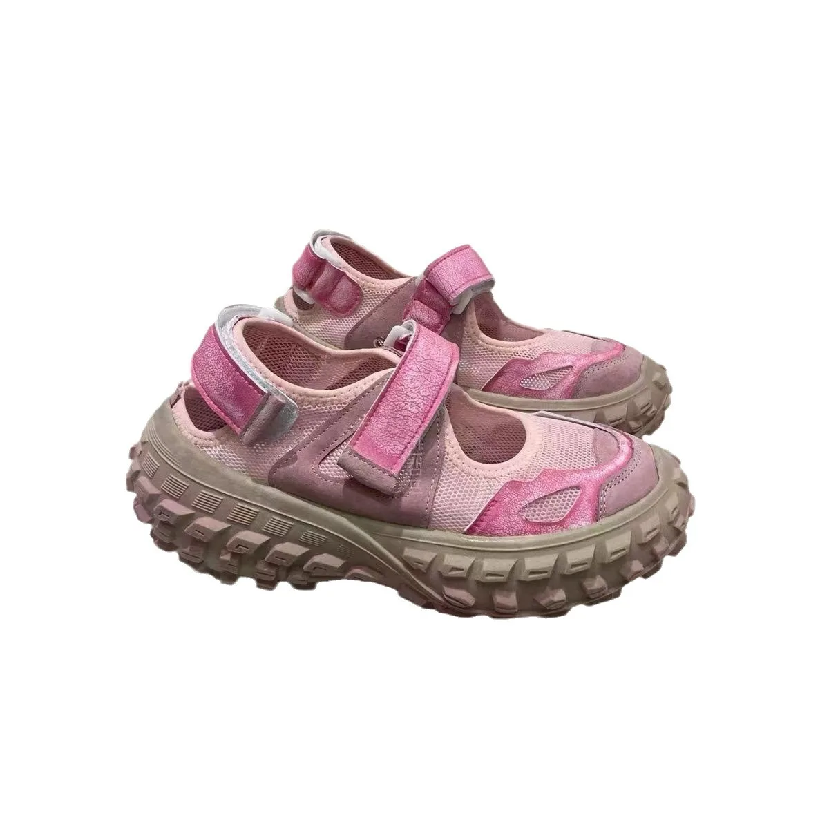 

Кожаные туфли с открытым носком, розовые шины, лето 2025, туфли Дуриан с сеткой и толстой подошвой, женская обувь с круглым носком, липкая, увеличивающая рост