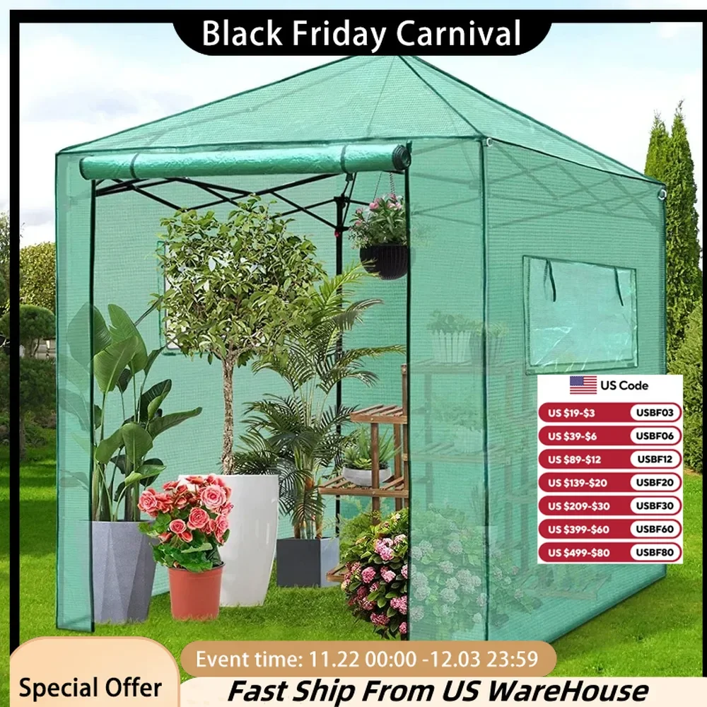 8'x 8' Portable Walk-in Greenhouse for Outdoor & Indoor, Easy to Assemble Pop up Grow Greenhouses with Sturdy PE Cover