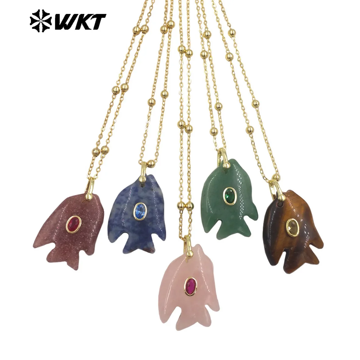 

WT-N1511 Lovely Fish Charms Colored Gemstone White Crystal Quartz Tigereye Stone Pendants Fine Beads Chain Necklace
