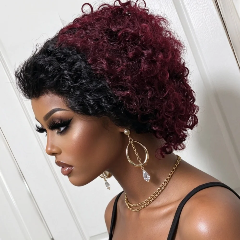 Curly Human Hair 13X4 Lace Front Wig 1B99J Ombre Burgundy Ends Pre Plucked Natural Baby Hair Soft Fluffy Curly Texture Lace Wig