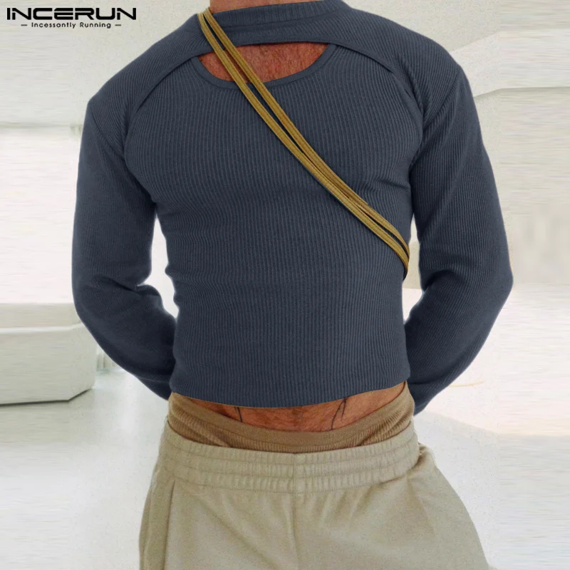 INCERUN Men Pullovers Solid Color Round Neck Autumn Streetwear Long Sleeve Hollow Out Jumper Striped Irregular Layering Sweaters