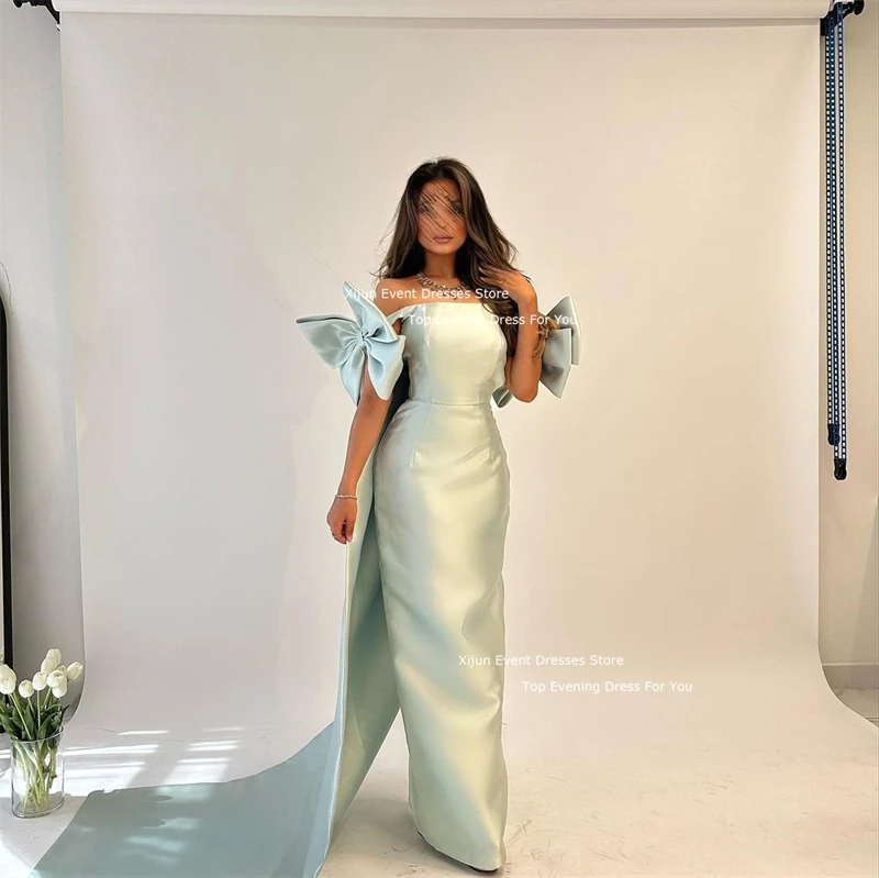 Xijun Mint Green Satin Mermaid Evening Dresses Saudi Arabric Prom Dresses With Bow Sleeves Formal Prom Gowns Dubai Occasion 2024