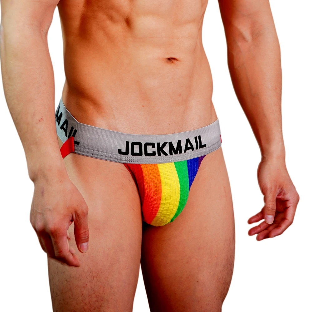 JOCKMAIL Brand Sexy Men Underwear Jockstrap Brief Rainbow Stripes Men's Jockstraps Bikini Slip Men's Tanga Thong Breathable
