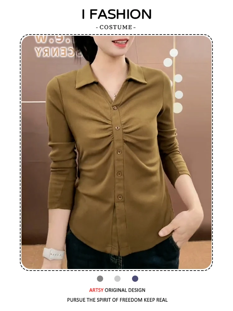 Camiseta Casual Longa Feminina em Algodão Puro Moda Primavera Outono Nova Camiseta Cardigan Dobrada Confortável e Respirável