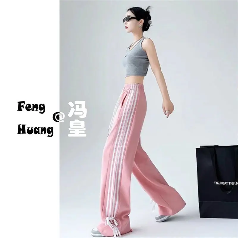 2025 Pantalones casuales japoneses: pierna ancha recta de cintura alta, detalle de lazo con cordón, pantalones de moda de anime unisex para mujer S-2XL