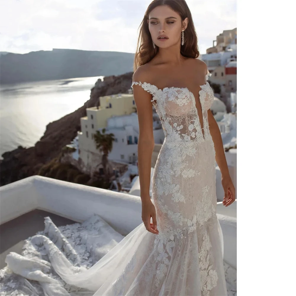 Exquisite Wedding Dresses Tulle Mermaid Lace Appliques Sweetheart Bridal Gowns Off The Shoulder Button Back Vestidos De Novia