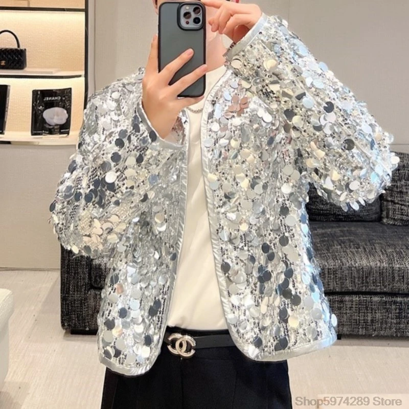 

Мужская куртка с блестящими пайетками, черная, серебряная, блестящая куртка-бомбер с длинными рукавами, мужская одежда для вечеринок и клубов, модные уличные пальто JJ624