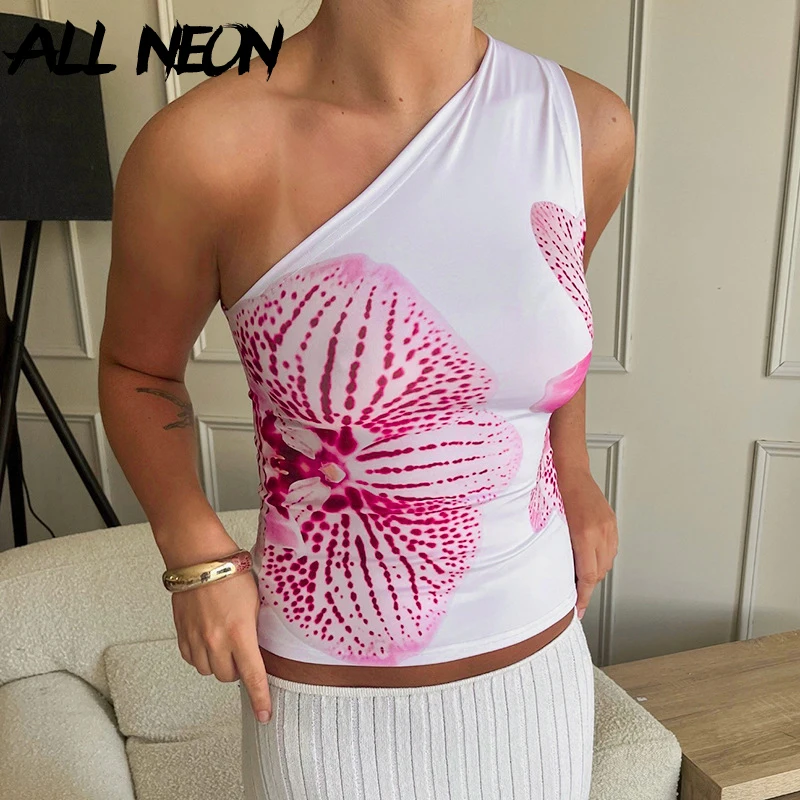 

ALLNeon 90s Aesthetic Florals Print One Shoulder Tank Top Retro Acubi Skew Collar Vest Slim Women Sleeveless Tops Y2K Streetwear