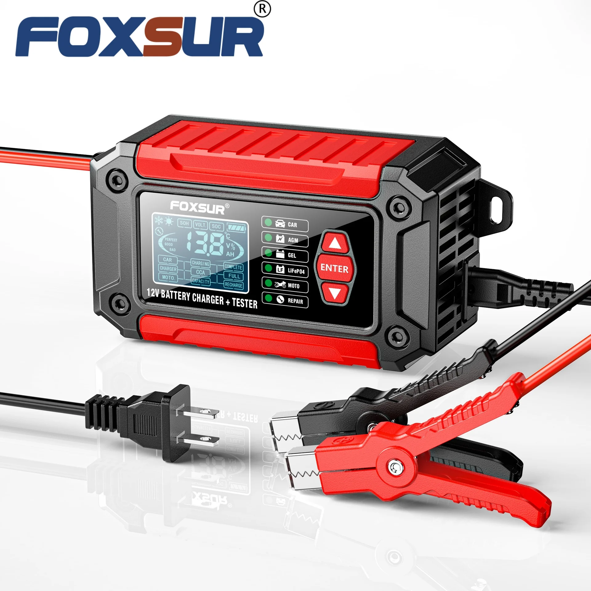 

FOXSUR 12V 6A 2 in 1 Battery Analyzer Charger Maintainer test Battery Charging for LiFePO4 Wet AGM Gel Lead Acid Battery