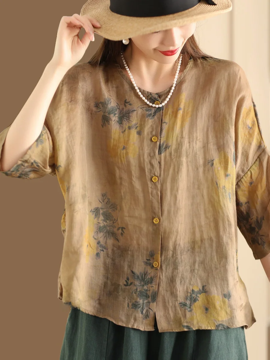 

Retro Printed Linen irt Women's Casual Mid-Sve Button-Up Top Garden Beau Ele Open Cardigan Sle Commute Faion