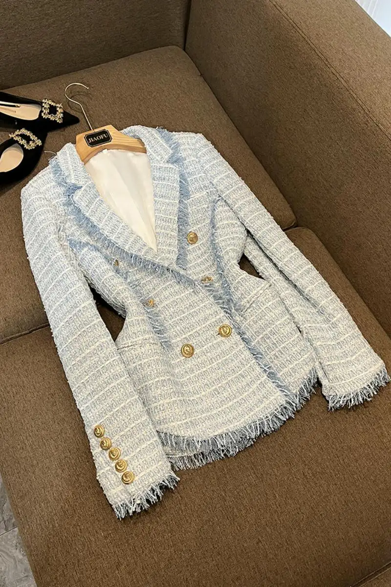 

New Arrival Spring Fall Wither Tassels Decoration Tweed Coat Women Double-breasted Jacket Blazer