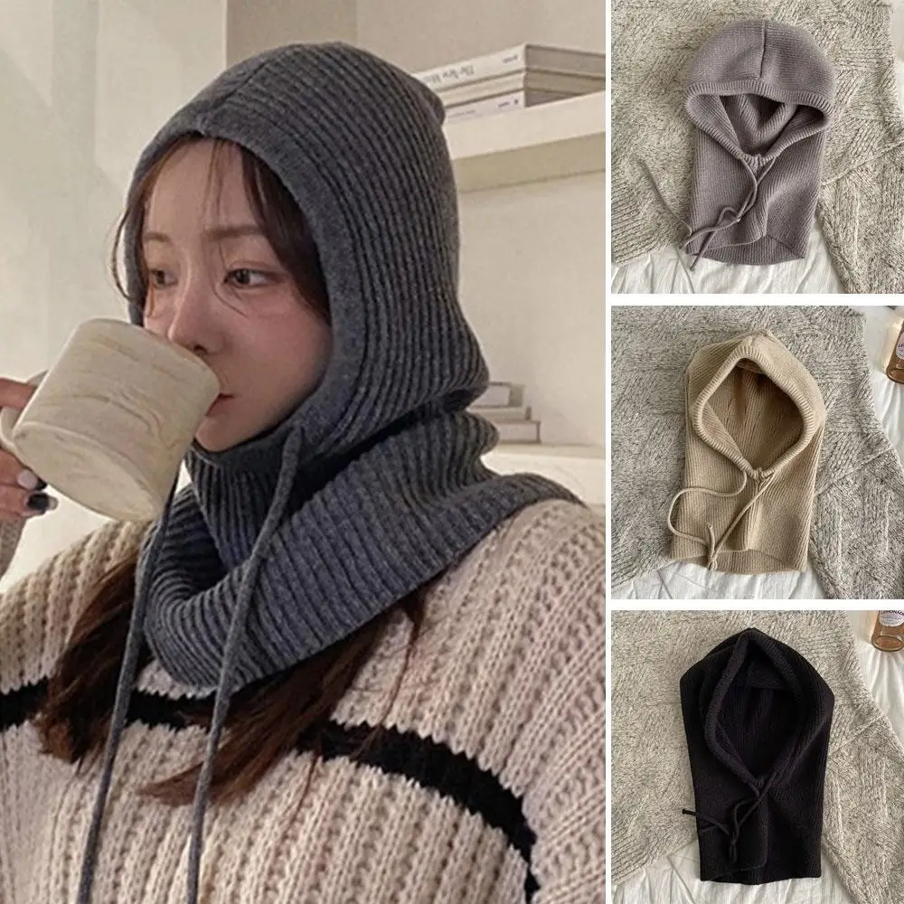 

1Pcs Winter Knitted Hooded Women Caps Drawstring Balaclava Hats Outdoor Ear Protection Solid Color Warm Unisex Beanies for Women