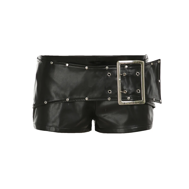 Safari Style Bandage Pu Leather Shorts Sexy Slim Pocket Low-Waisted Shorts Women 2026  Summer Fashion Streetwear Punk Style Lady