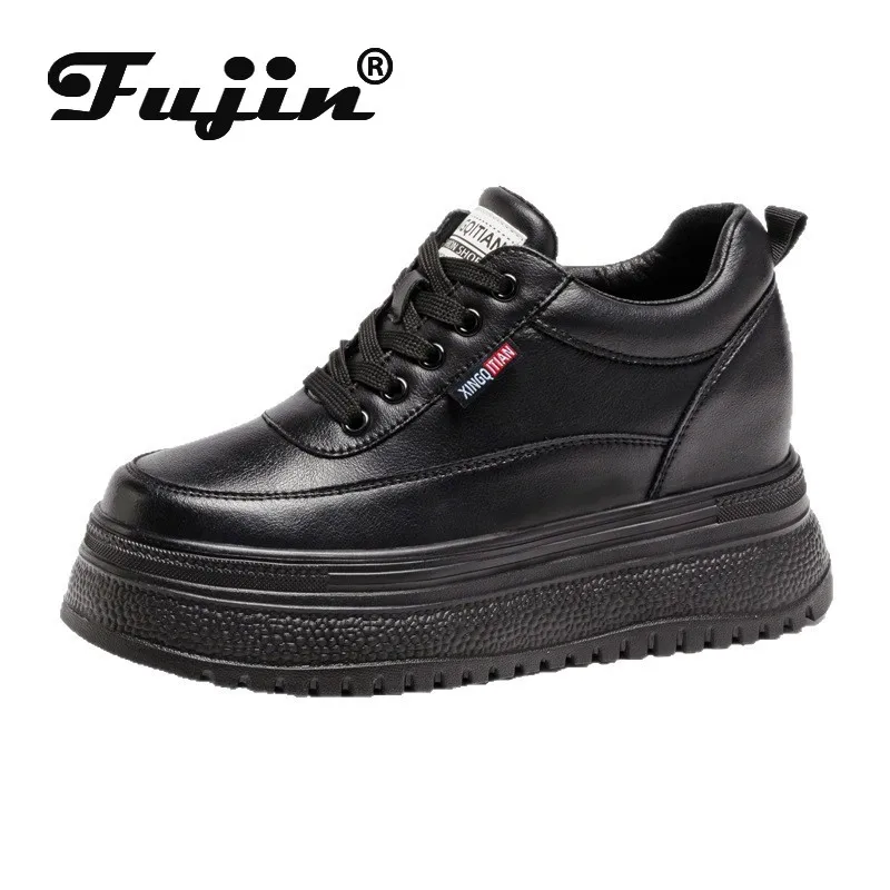 

Fujin 8cm 3 Inch Genuine Leather Women Walking Shoes Fall Spring Casual Shoes for Women White Shoes Fashion Sneakers Platform