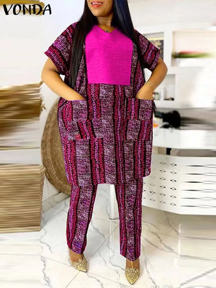 VONDA Plus Size 5XL Women Elegant Pant Sets 2024 Printed Patchwork Trousers Suits Vintage Tops and Wide Leg Pants Matching Sets