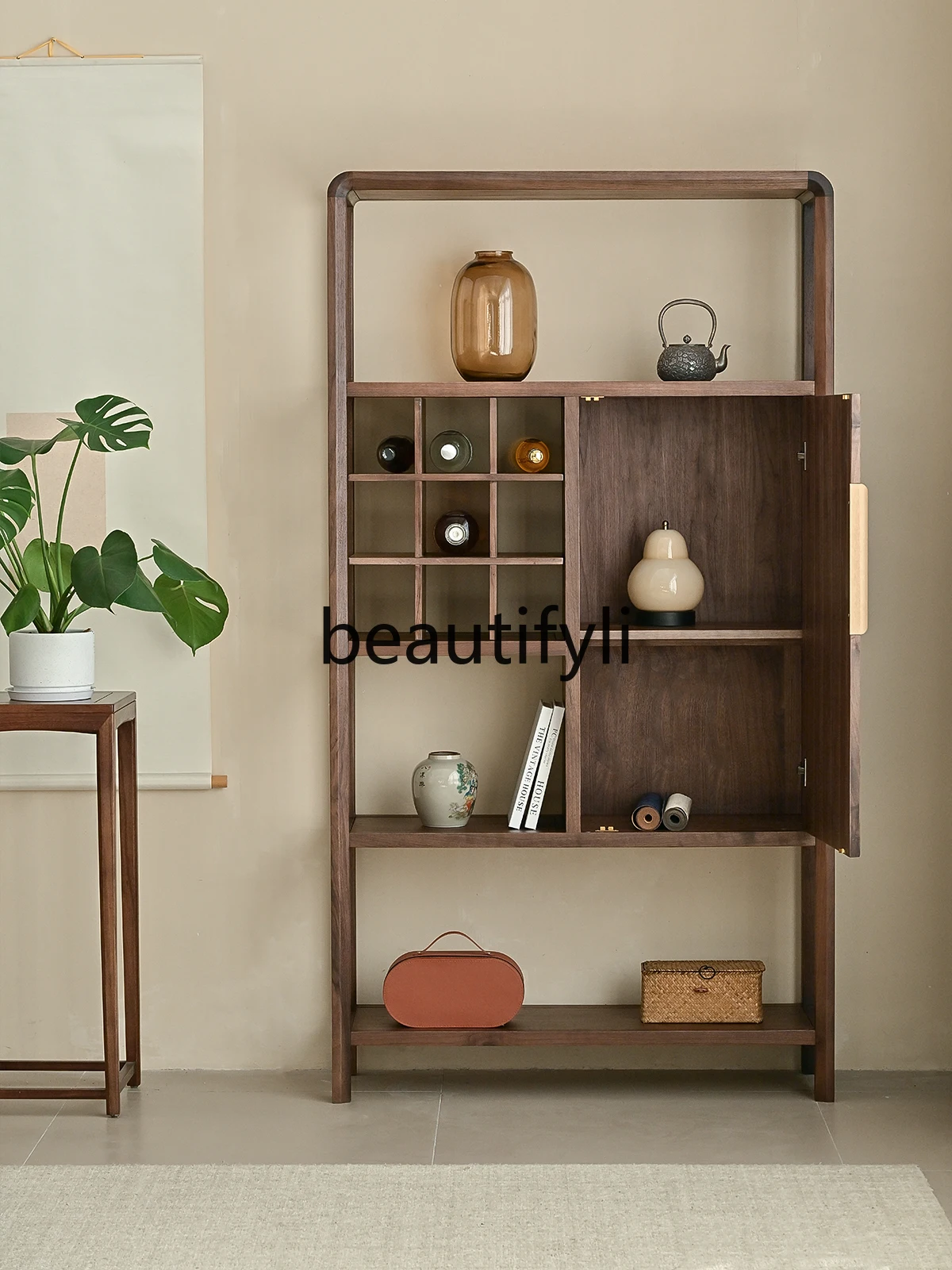 

Solid wood Duobao Pavilion new Chinese bookshelf North American black walnut tea shelf display cabinet