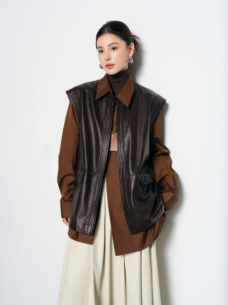 

Classic O-neck Genuine Leather Sleeveless Vest Jacket Women Spring Autumn High-end Simple Loose Soft Oil Wax Real Sheepskin Coat