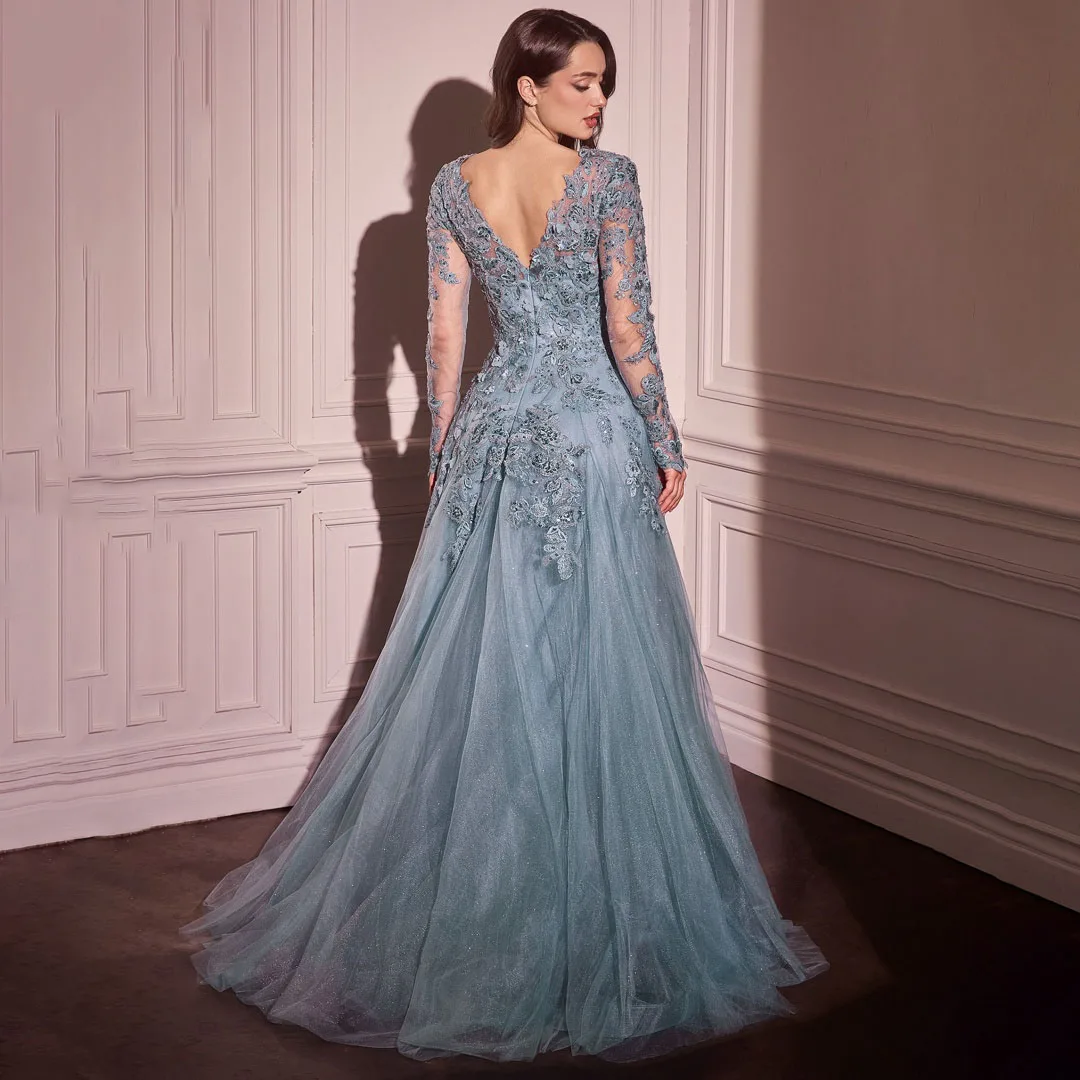 فساتين سهرة أنيقة لامعة بأكمام طويلة ورقبة دائرية زهور ثلاثية الأبعاد مزينة بالدانتيل للحفلات الراقصة للنساء على شكل حرف a بدون ظهر لحفلات الزفاف #2