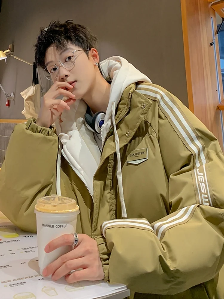 

Men's Puffer Jacket Fake Two-Piece Thickened Cotton Clothes Winter Outerwear Bread Style Coat Youth Casual Warm Zipper Closure