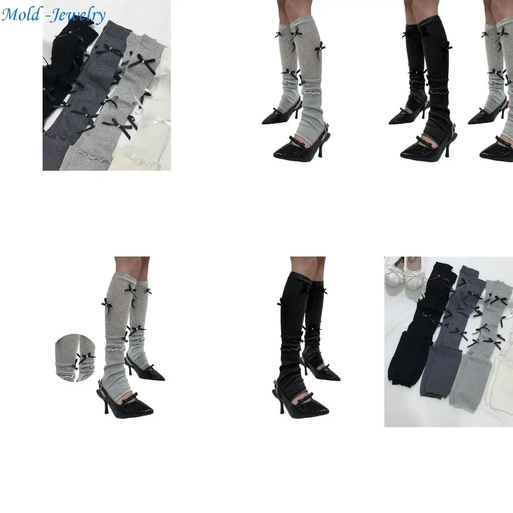 

69HB Women Girl Solid Color Leg Warmer Aesthetic Ballet Pearls Bowknot Footless Socks Ruffle Patchwork Loose Leg Cover