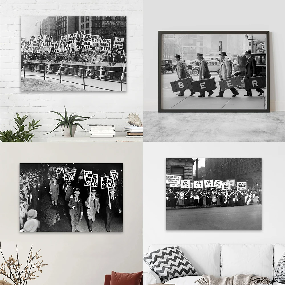 1932 WE WANT BEER Protest Against Prohibition 18th Amendment Retro Black and White Poster Vintage Wall Art Canvas Painting