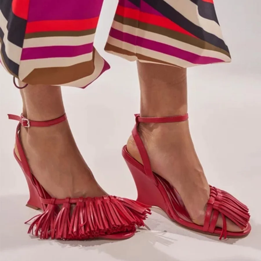 Women Leather Fringe Wedge Heel Ankle Buckle Strap Sandals Ladies Large Size 43 Red Custom Colors Runway Fashion Dress Footwear view 4