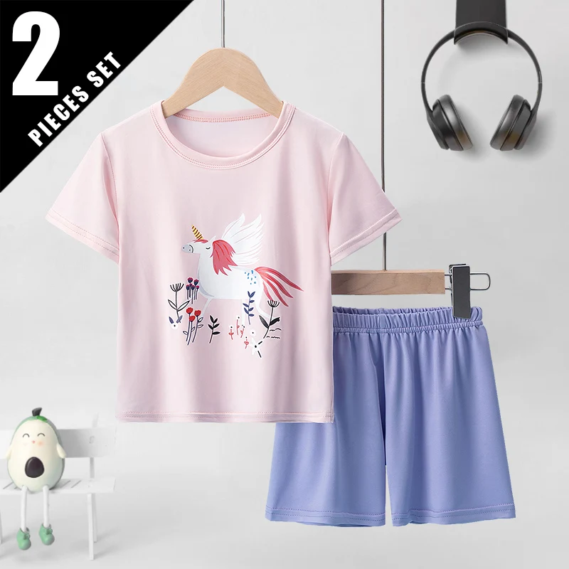 2-Piece Children's Short-sleeved Shorts Suit Girl Sweet And Lovely Joker T-shirt Comfortable Elastic Waist Shorts Home Clothes