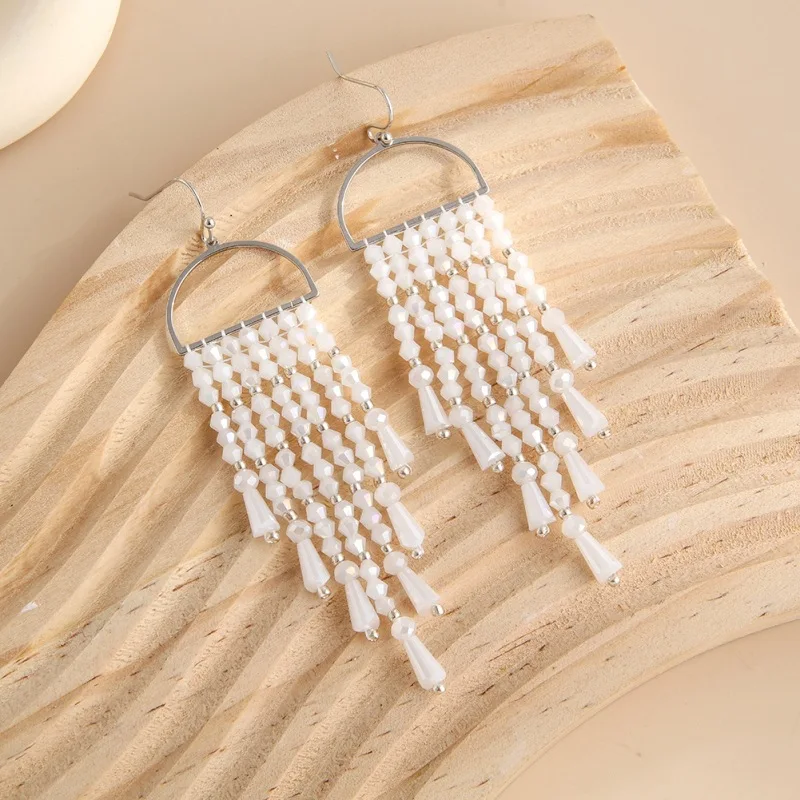 Rice bead earrings Tassel Originality Crystal Hand knitting Bohemia Alloy Fashion Simple Beaded earrings