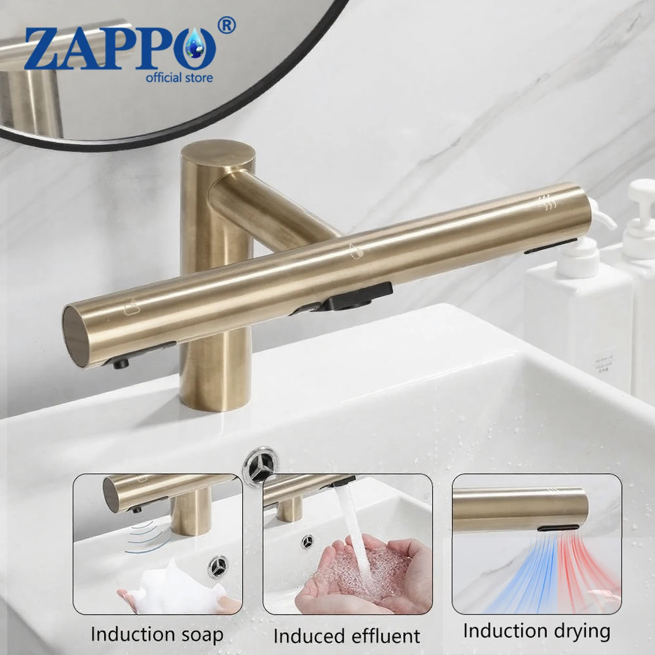 

ZAPPO Brushed Gold 3-in-1 Bathroom Faucet Automatic Sensor Soap Dispense Water Tap & Hand Dryer Multifunctional Sink Faucet