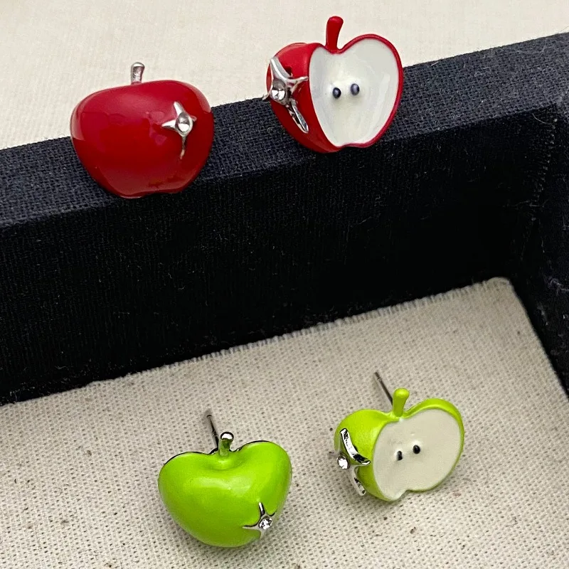 

Sweet Asymmetrical Green Apple Earrings, Fashion Oil Drip Astral Dopamine Earrings, Christmas Eve, Christmas Gifts